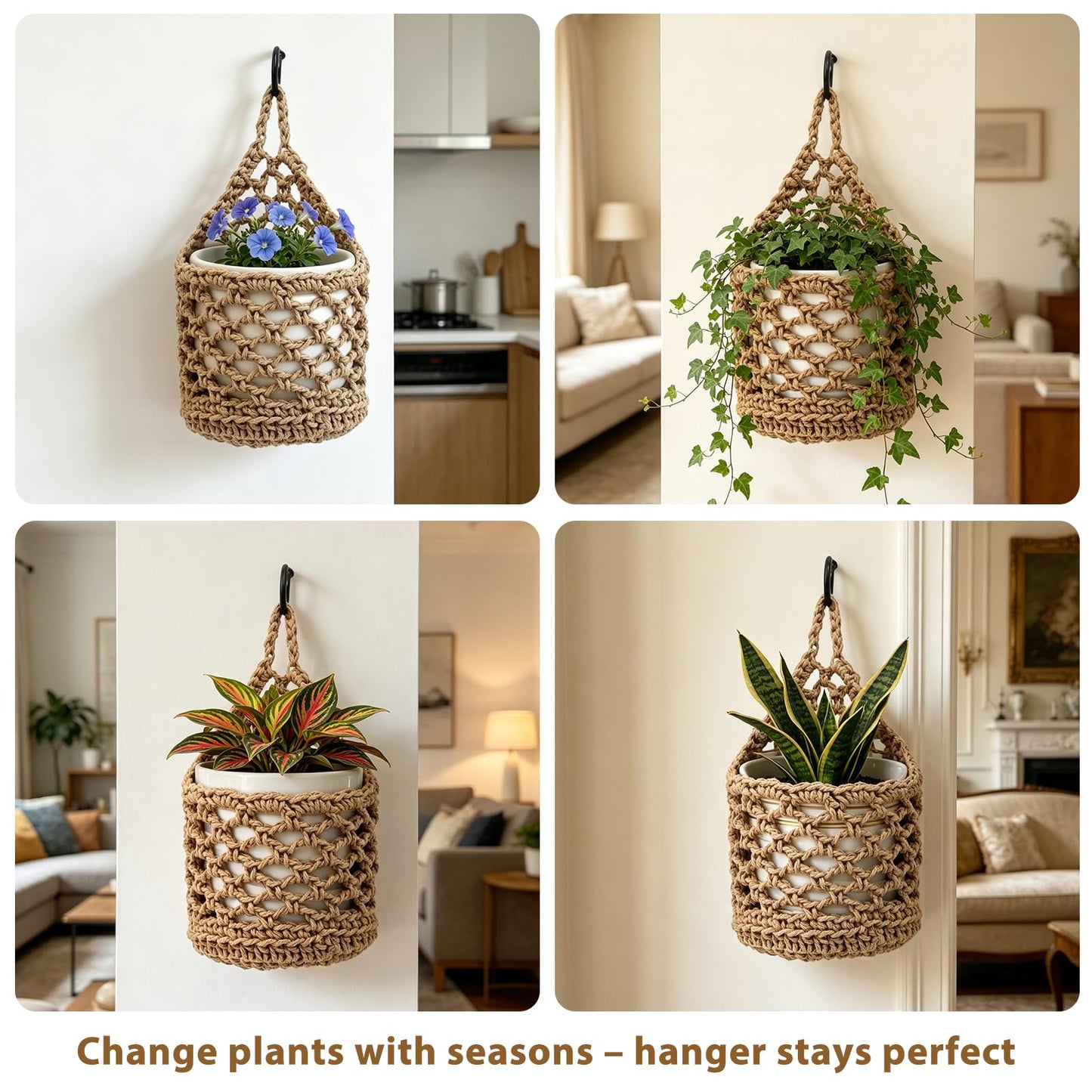 4-Pack 5-Inch Macrame Wall Plant Hangers, Natural Cotton Hanging Planter Baskets for Indoor Plants, Boho-Style Woven Plant Baskets for Walls, Small Hanging Pots for Succulents and Kitchen Storage