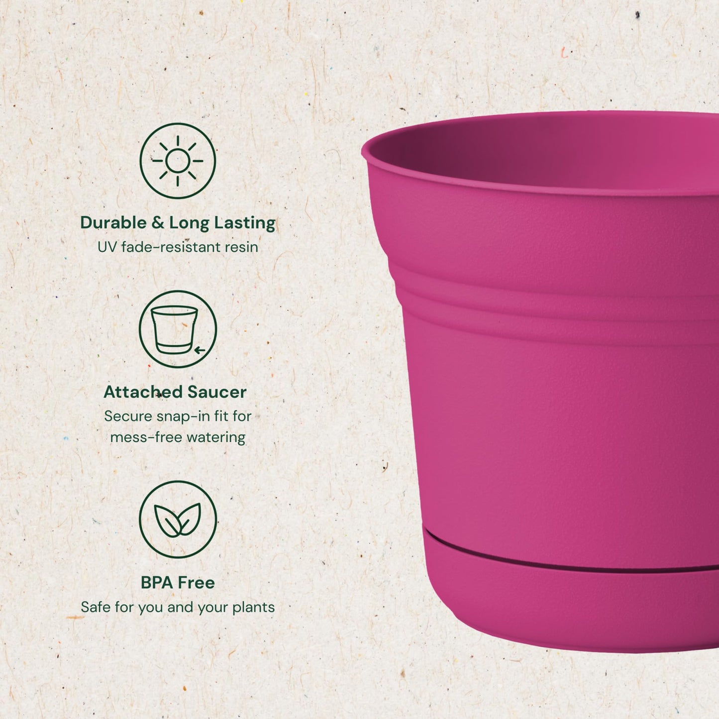 Bloem Saturn 7" Round Plastic Planter - Indoor/Outdoor, Snap-in Saucer & Drainage Holes, Fuchsia, 4-Pack