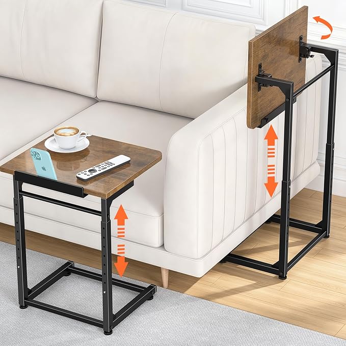 Tv Tray Table Set of 2, 8-Level Adjustable Height Couch Side Table，90° Tilt