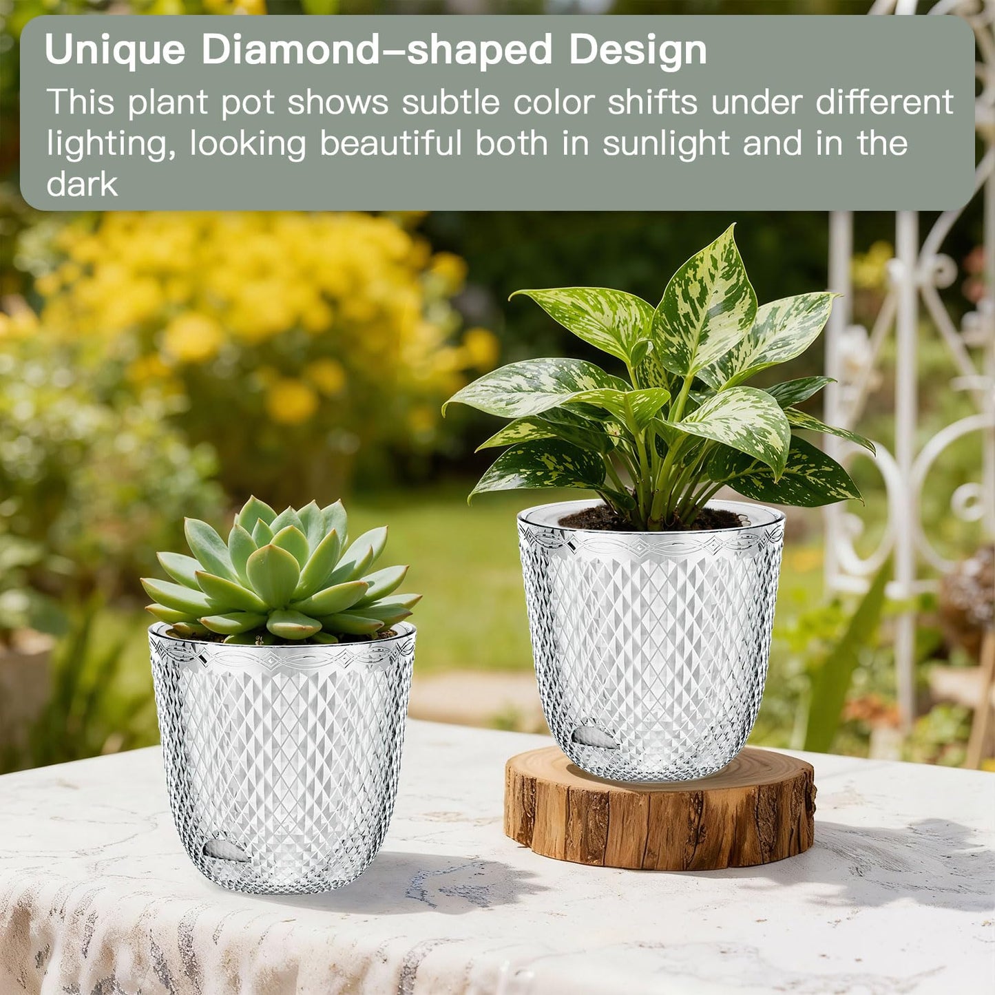 QCQHDU 2 Pack Self Watering Pots, 7.2 Inch Flower Pots with Drainage Holes and Water Filling Port, Plastic Garden Planter for Indoor Outdoor Plants (Clear)