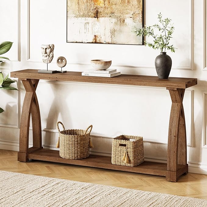 Solid Wood Console Table for Entryway, 63-Inch Narrow Farmhouse Couch Table