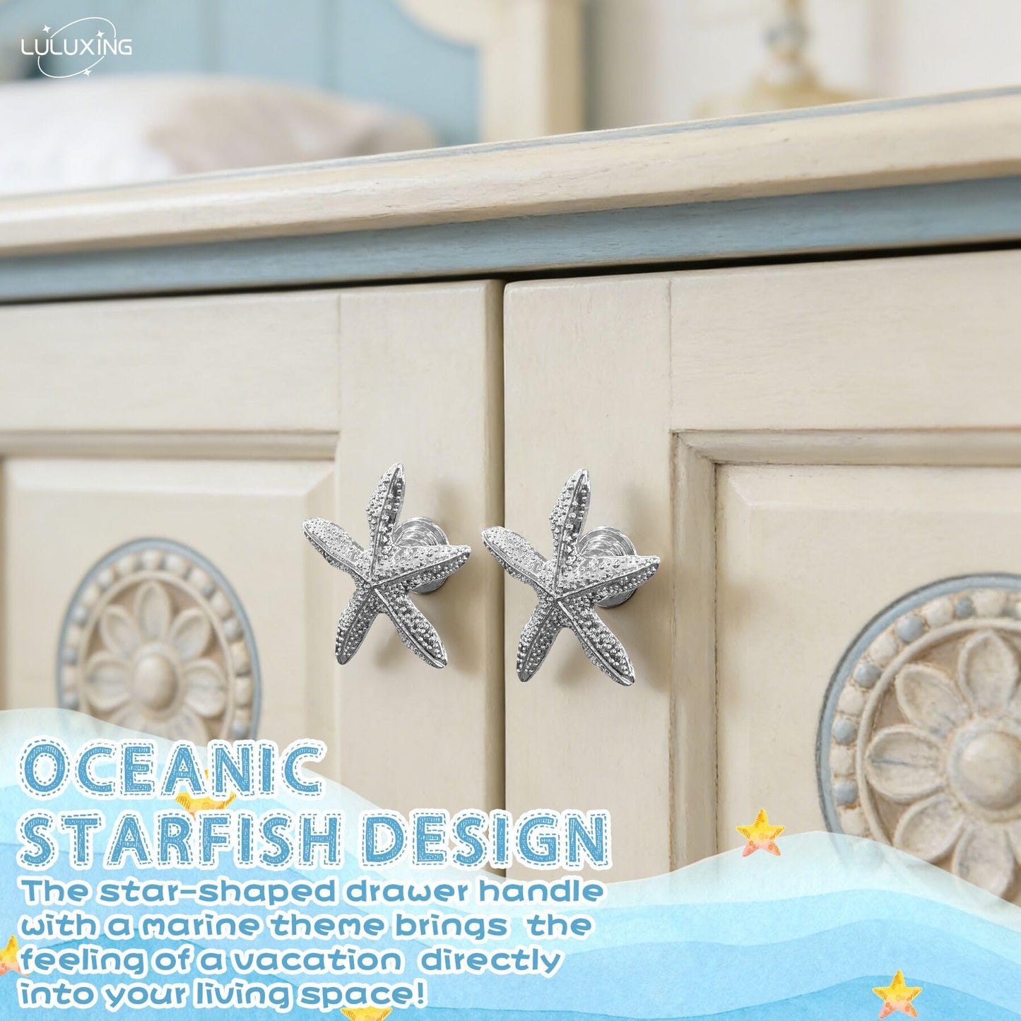luluxing 6pcs Starfish Dresser Knobs Starfish Furniture Pull Knobs Silver Beach Ocean Theme Handles for Bathroom Kitchen Cupboard Wardrobe Decoration