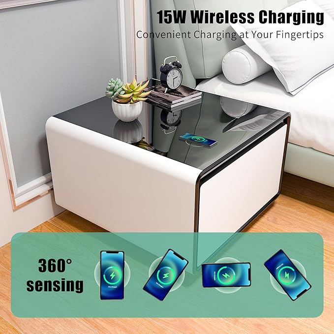 Smart Coffee Table with Fridge, Smart Center Table with Wireless Charging