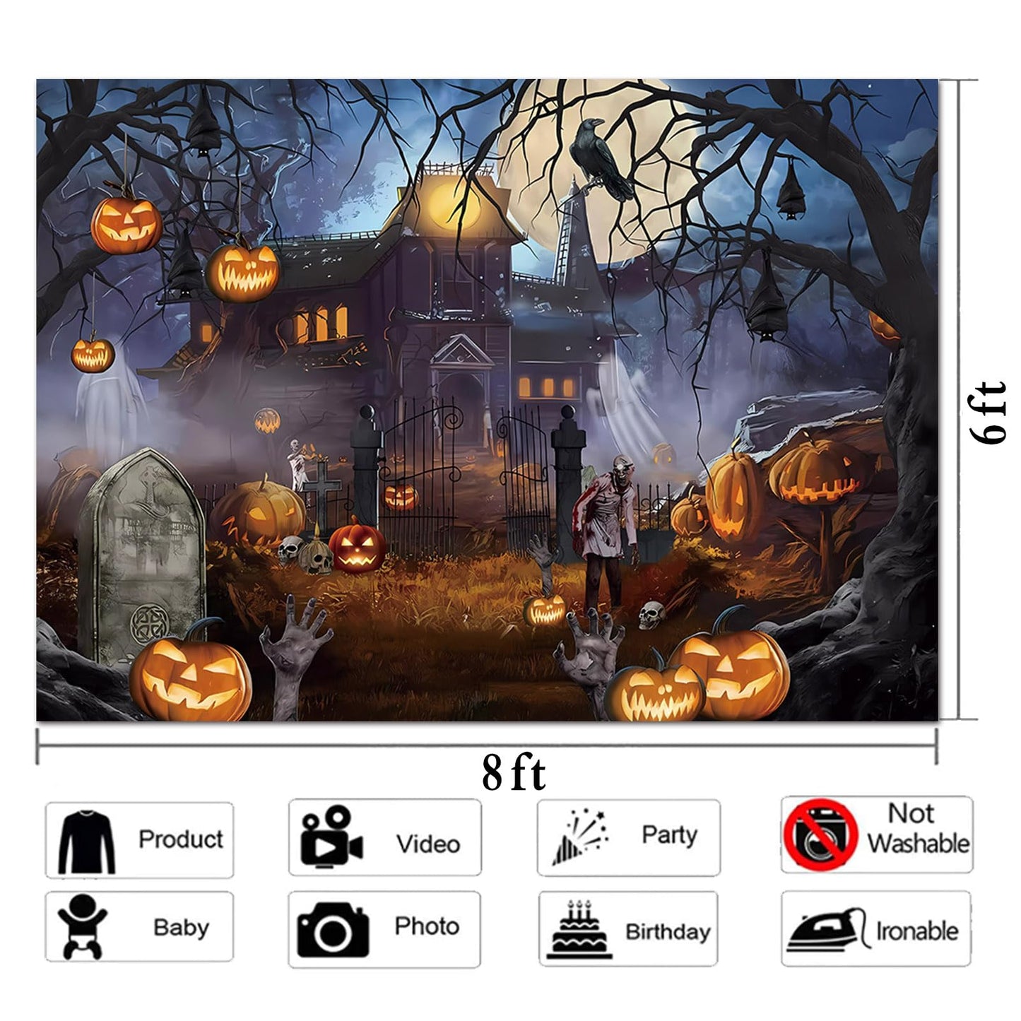 Halloween Theme Backdrop 8x6ft for Photography Scary Ghost Castle Moon Night Scary Pumpkin Lantern Crow Photo Background for Horror Halloween Party Portraits Decor Banner