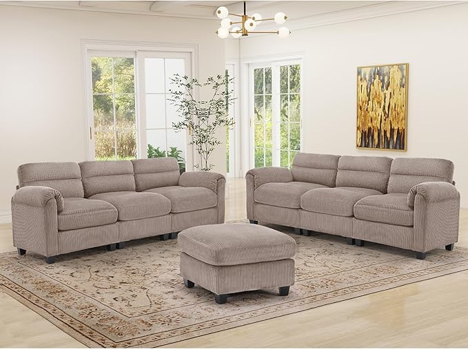 HAOMARKETS Corduroy Sofa Set, Upholstered Ottoman and 3-Seater Couch Set of 2