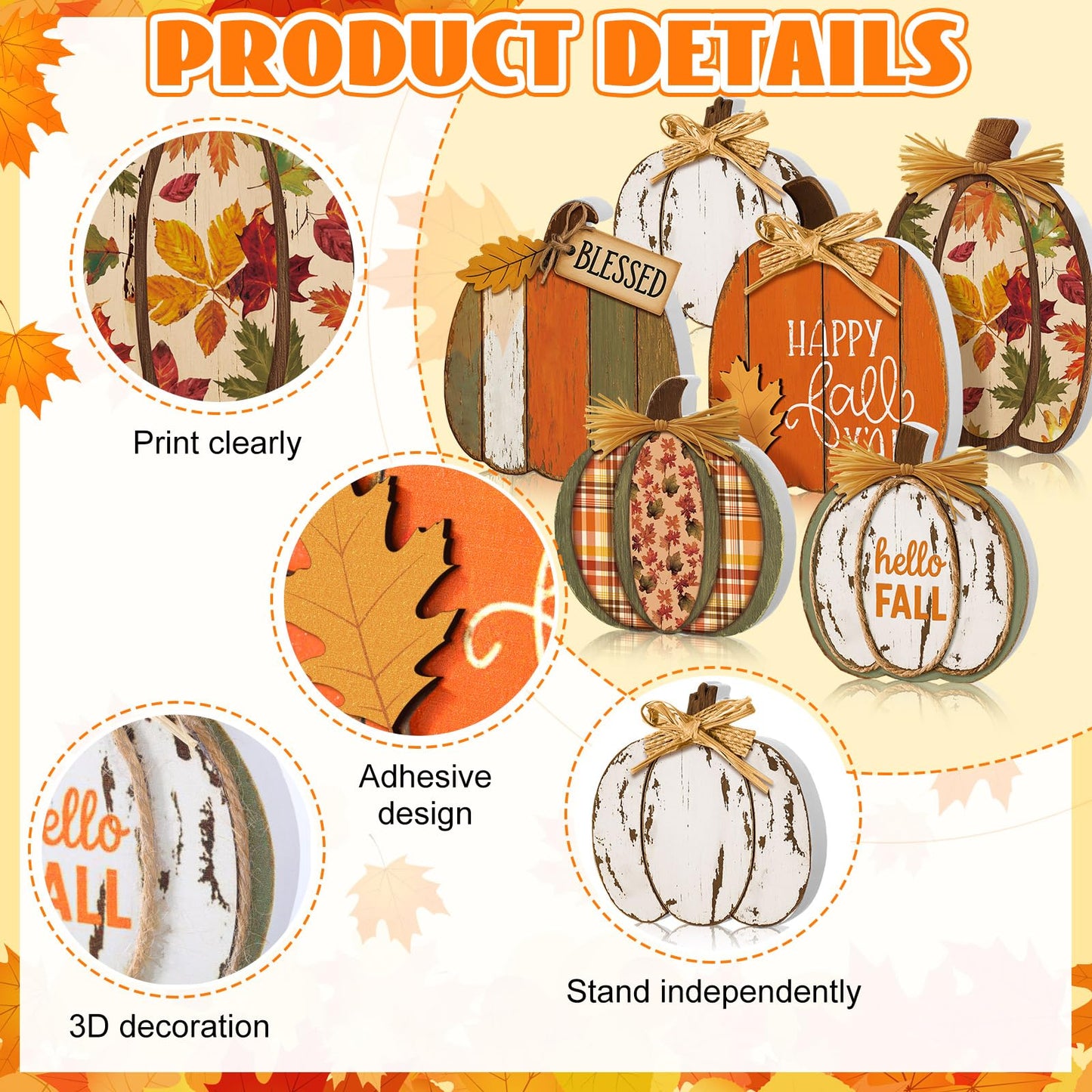 Leinuosen 6 Pcs Fall Pumpkin Decor Wooden Block Sign Fall Tiered Tray Decor for Home Autumn Table Centerpieces Decorations for Thanksgiving Harvest Table Mantel(6 Pcs,Pumpkin)