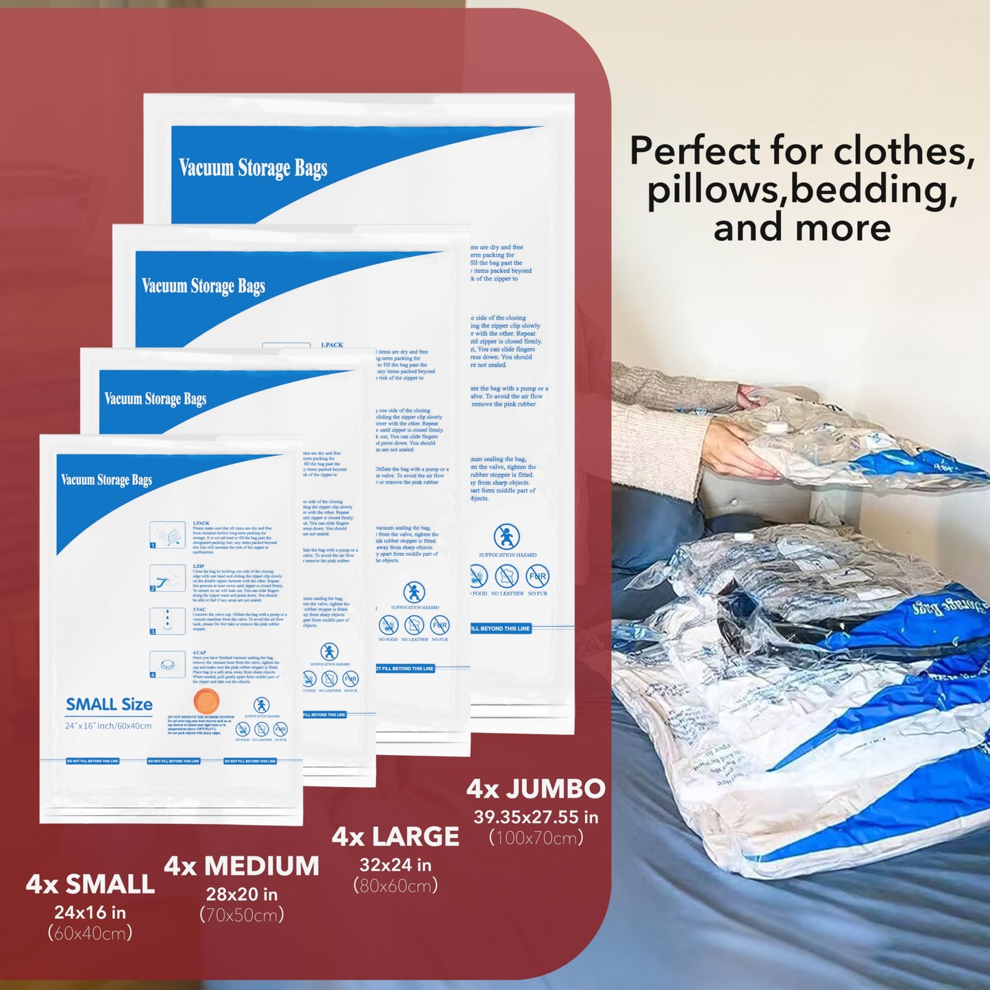 Vacuum Storage Bags with Electric Air Pump 16 Combo (4 Jumbo/4 Large/4 Medium/4 Small), Plastic Packaging Bags,Travel Vacuum Bags For Luggage,Clothes, Pillows, Comforters, Blankets, Bedding