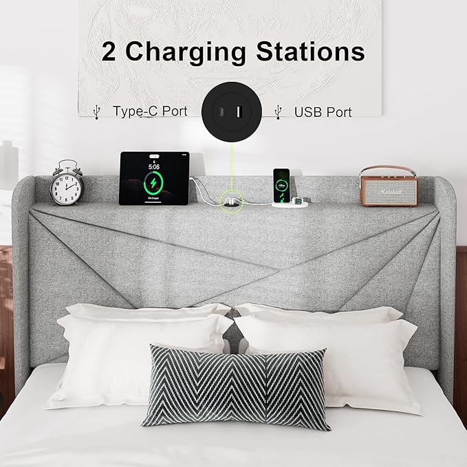 Feonase Queen Bed Frame with Charging Station, Linen Upholstered Platform