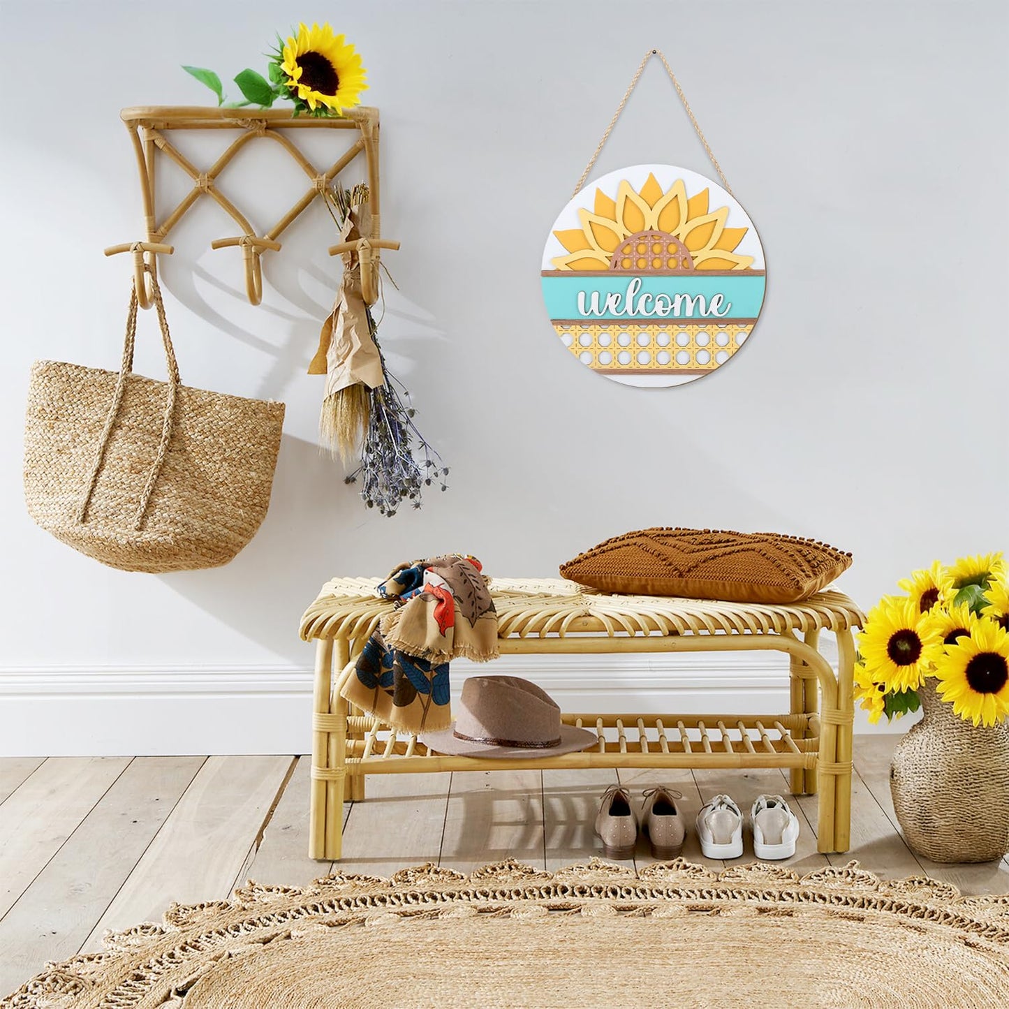 HOURIA 3D Summer Sunflower Welcome Door Sign,11.4 Inches Yellow Flower Summer Wood Wall Decor,Farmhouse Sunflower Decorations for Home,Office,Wreath,Indoor,Outdoor