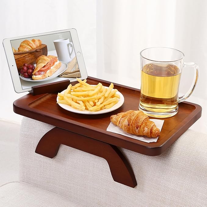 SINWANT Couch Arm Tray, Bamboo Couch Arm Table