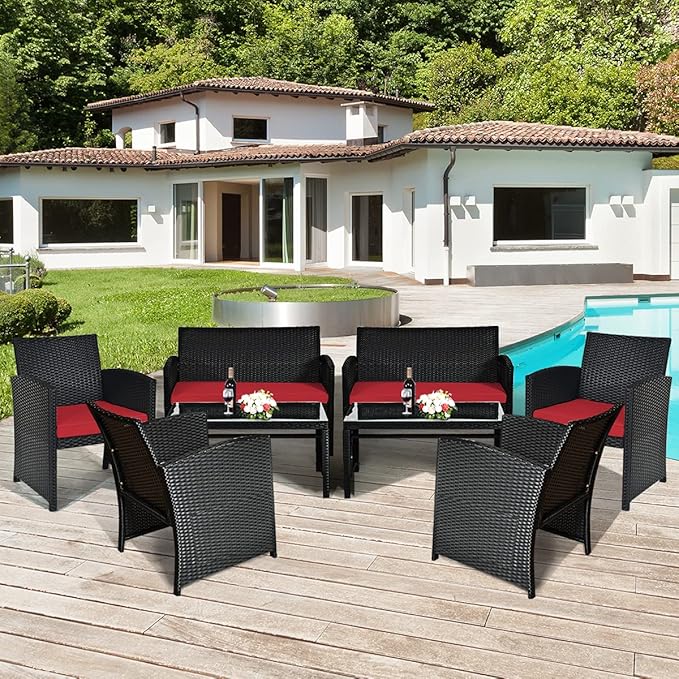 Tangkula Patio Wicker Conversation Furniture Set, Patiojoy Sofa & Table Set w/4