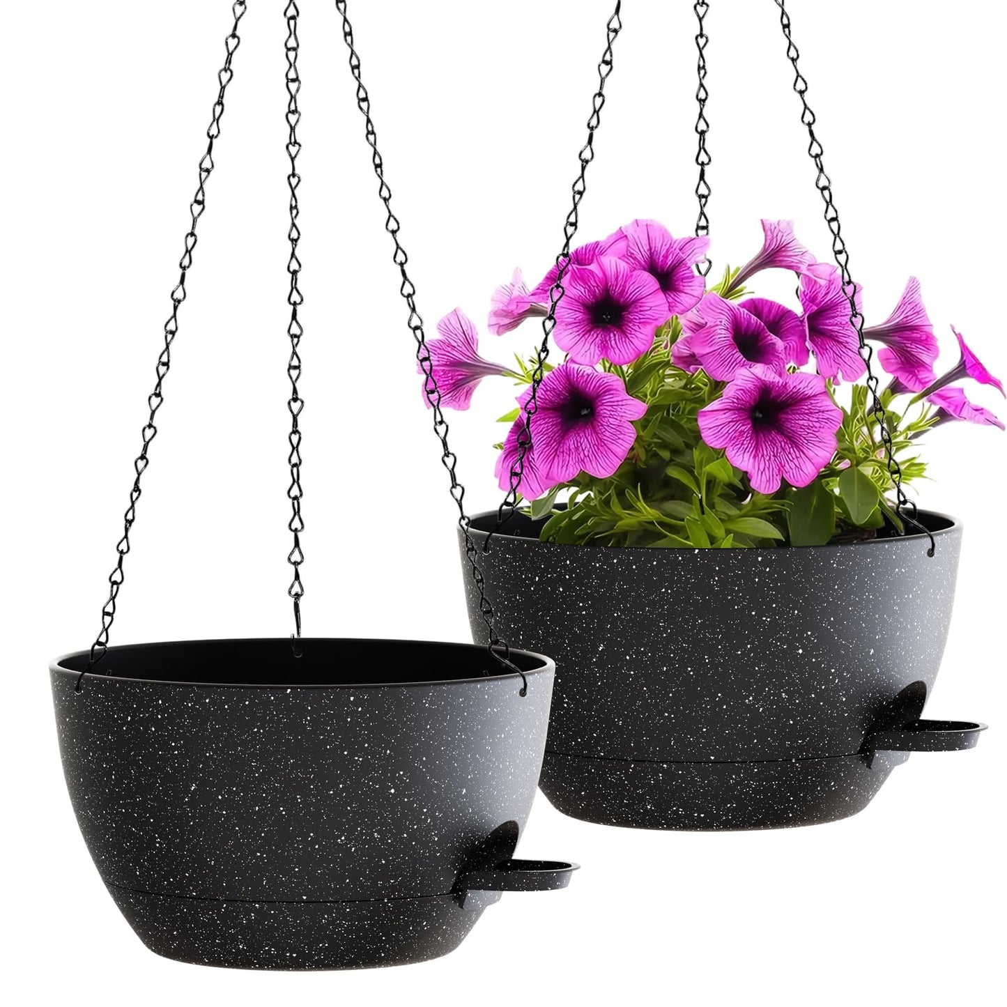 WOUSIWER Self Watering Hanging Planters, 2 Pack 12'' Plastic Pots with Drainage Holes & Reservoir Tray (Speckled Black) | Indoor & Outdoor Use for Ferns, Ivy, Herbs, Succulents