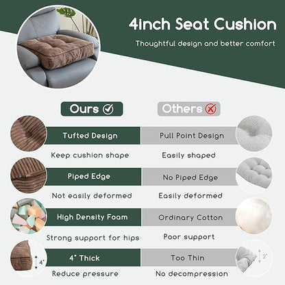 Tufted Corduroy Recliner Seat Cushion for Elderly, High Density Foam Large Square Seat Cushion for Recliner Chair, Floor Pillow, Office Chair, Car, No Pressure on Thighs, 20x20x4