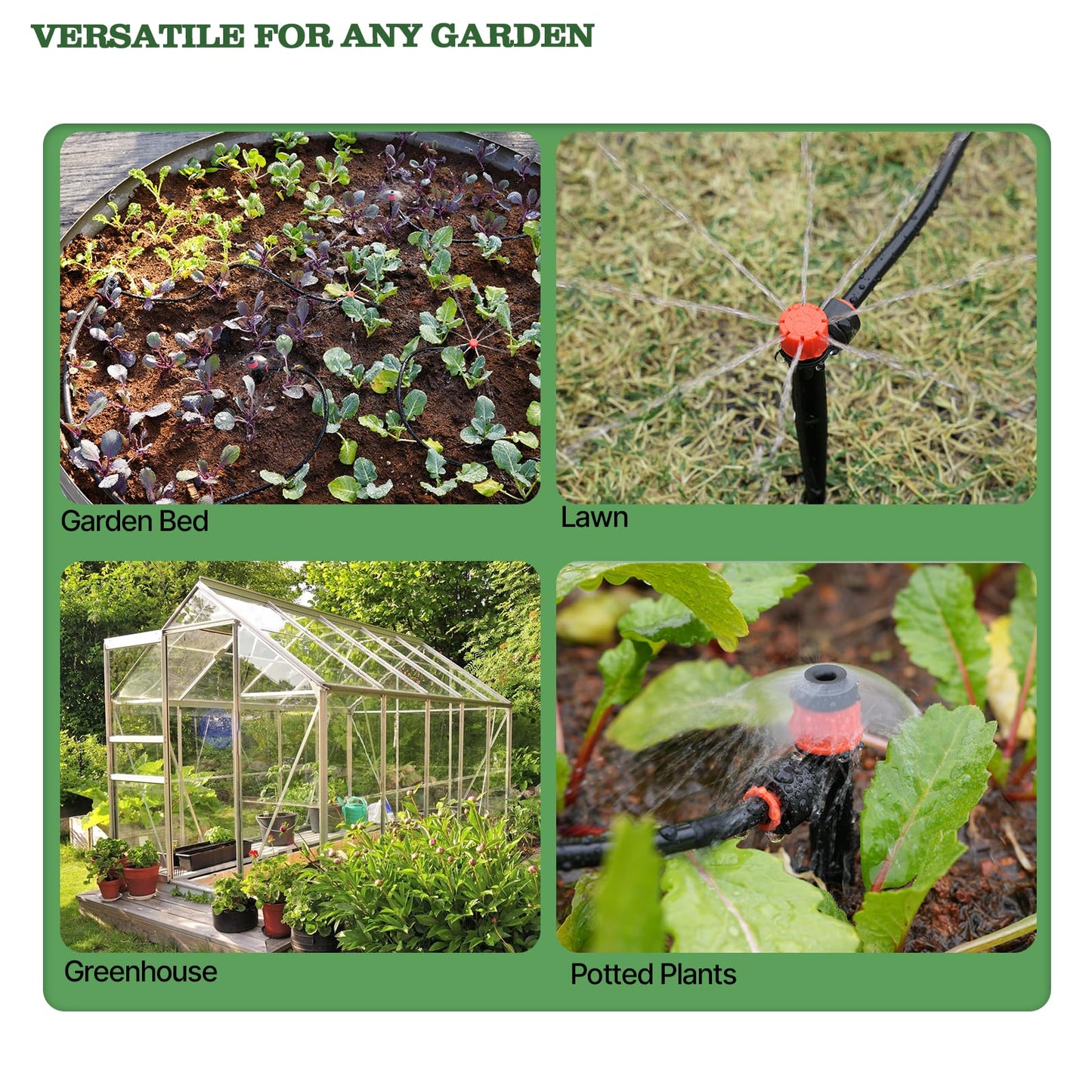 A ANLEOLIFE 100FT Drip Irrigation Kit, All-in-One Quick-Connect System with 1/2” Mainline + 1/4” Tubing, Y Splitter, 22 Adjustable Emitters & Nozzles for Raised Beds, Greenhouse, Vegetable Garden