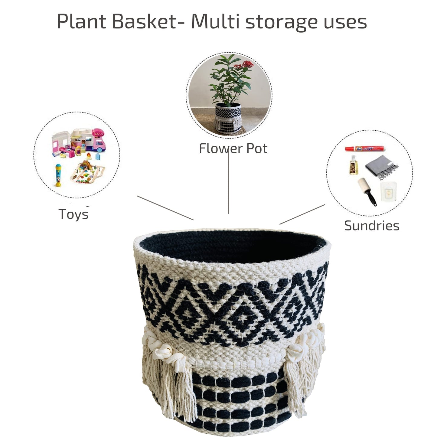 NATURE4U Boho Hand Woven Plant Basket Modern Woven Basket for 4-6.5" Flower Pot Floor Indoor Planters, Storage Organizer Rustic Home Decor, Black and White with Tassels 9” x 9"