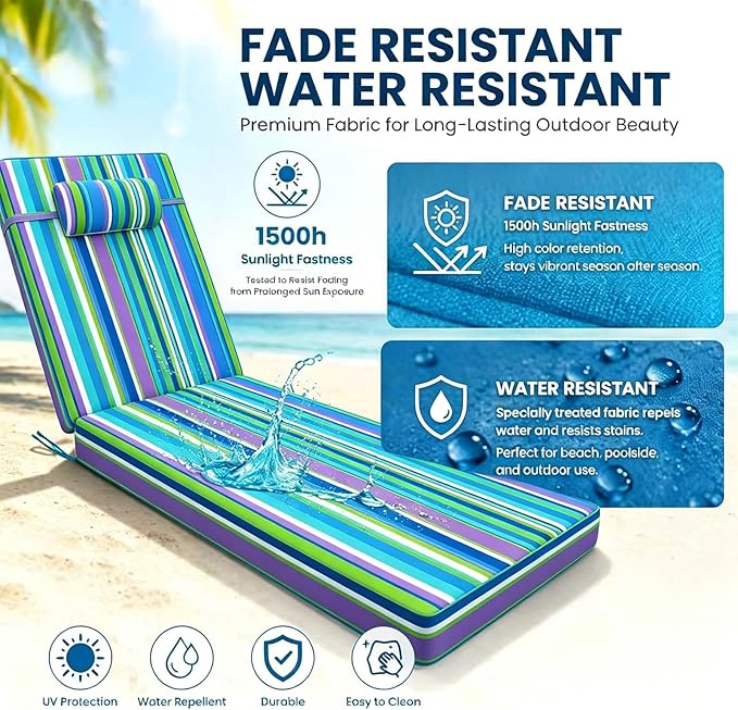 Chaise Lounge Cushion for Outdoor Furniture, Waterproof, Fade-Resistant and