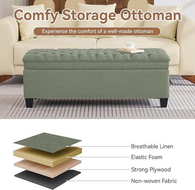 WUTUTUEE 50" Fabric Storage Ottoman Bench, Upholstered Rectangle End of Bed