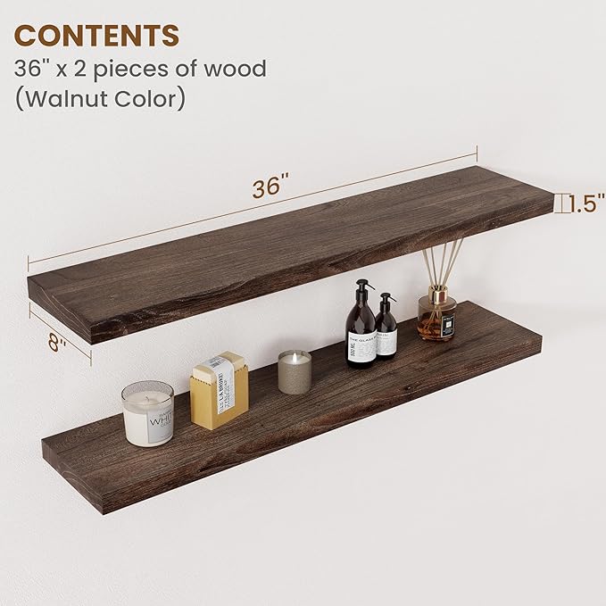 Floating Shelves for Wall Decor, 8 Inch Deep Rustic Solid Elm Wood Floating