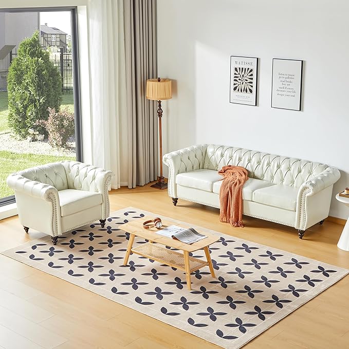 ORRD 2 Piece Living Room Set, Chesterfield Faux Leather Sofa Loveseat Couch