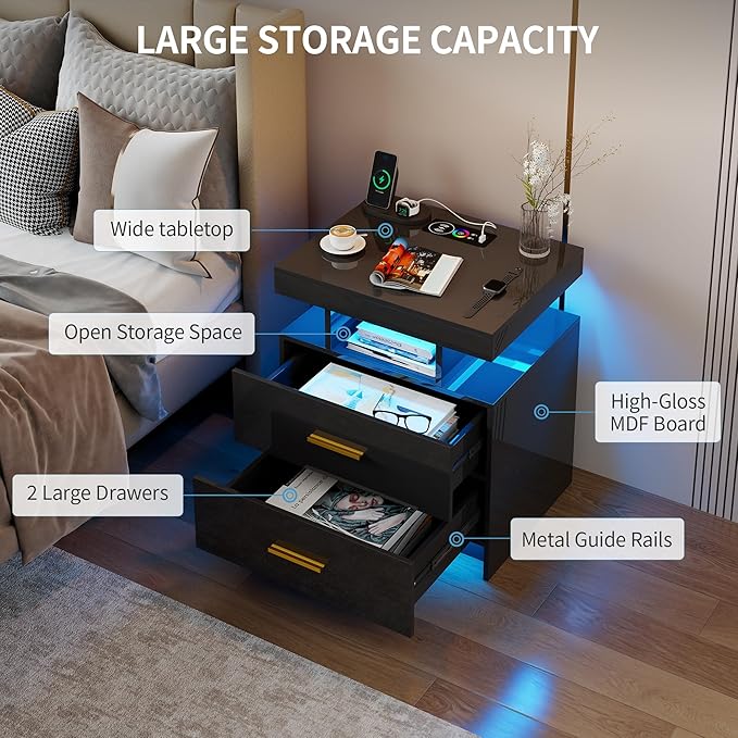 Smart Night Stand with Charging Station, Modern Black Nightstand with 24 Color
