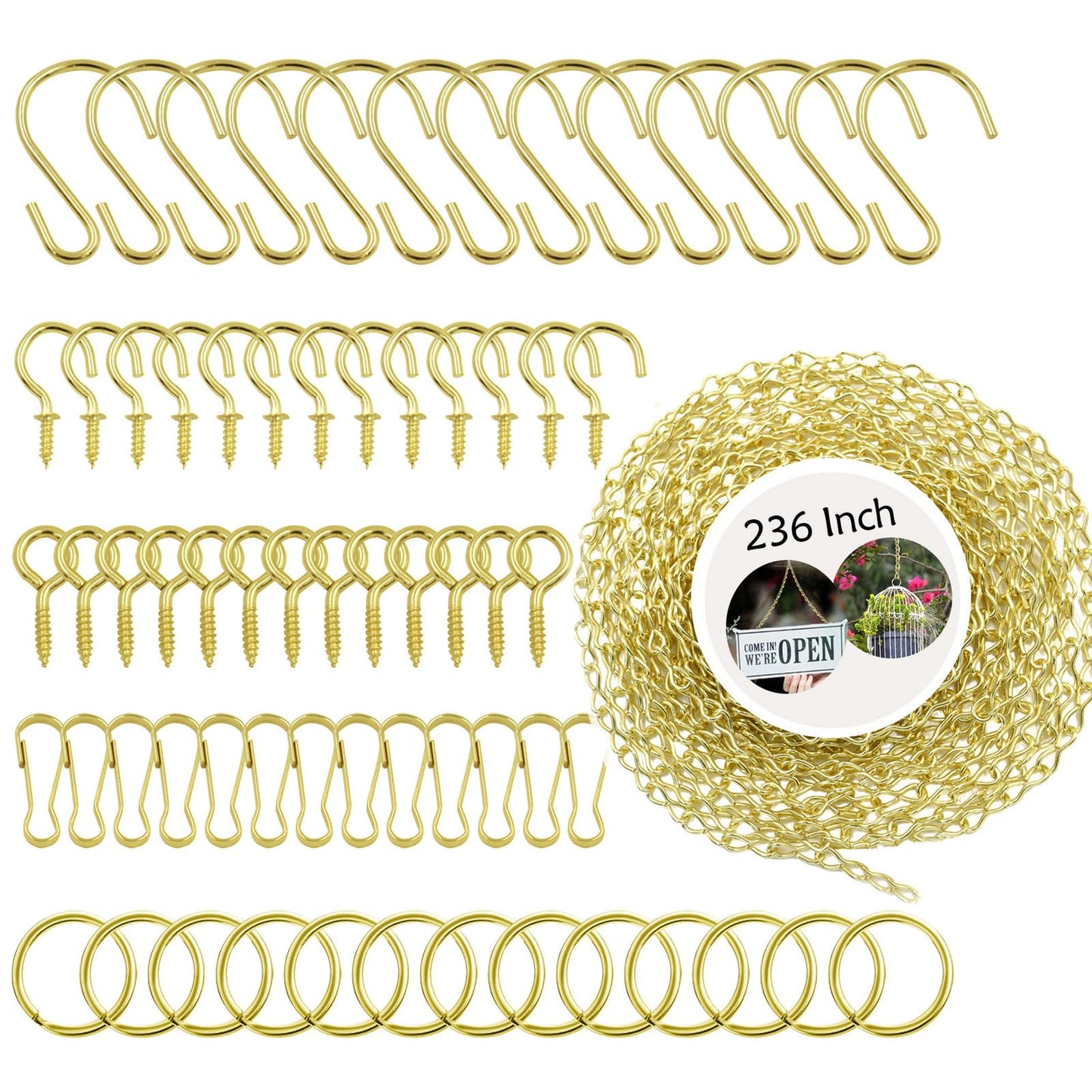 236 Inch Gold Hanging Baskets Chains - Adjustable Length, Brass Decorative Metal Chain with A Great Assortment of Hooks for Hanging Bird Feeders Planters Baskets Billboards Ornaments, Chain Hooks DIY