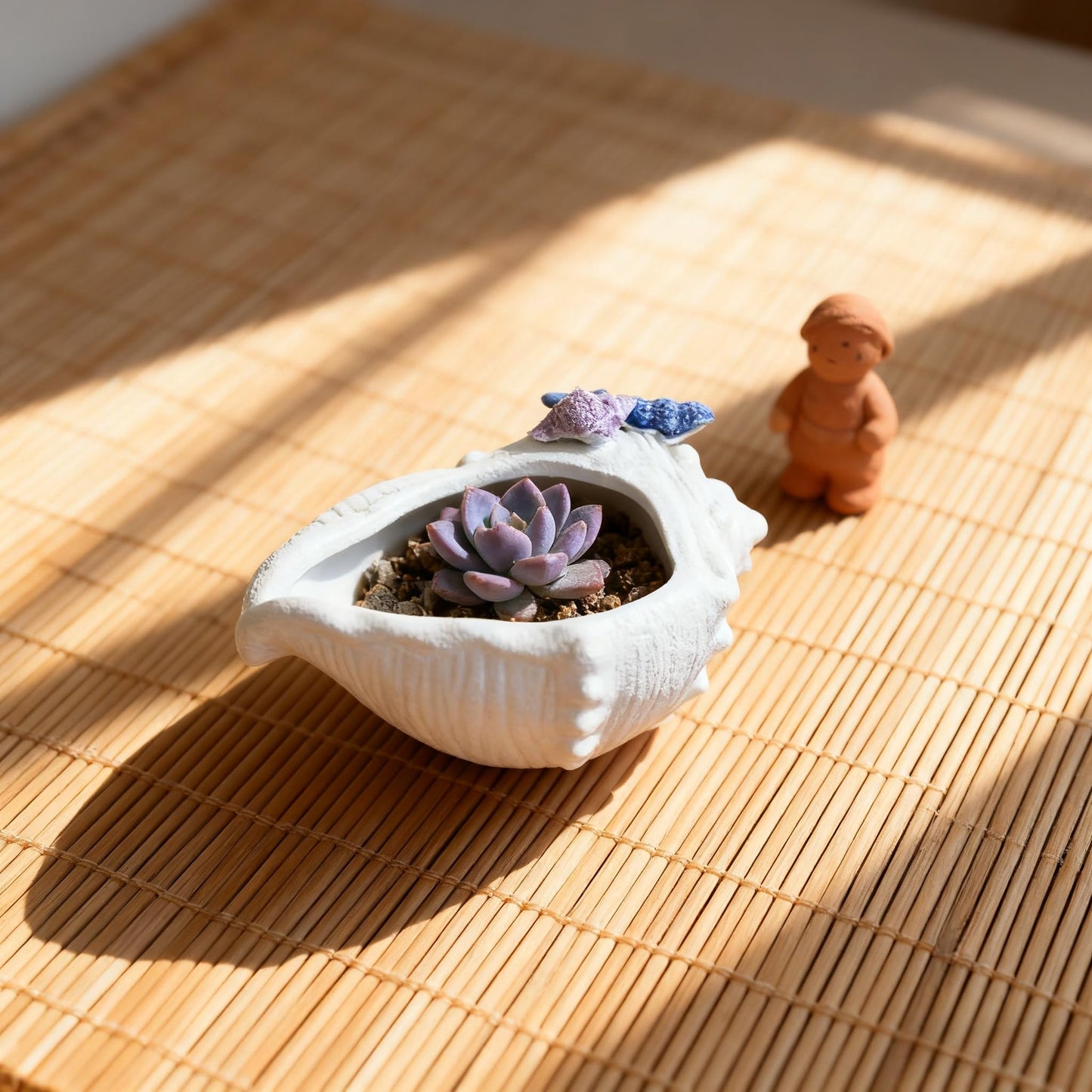 FMTITF Ceramic Seashell Planter with Drainage Hole, Succulent & Herb Pot for Indoor/Outdoor Plants, Hand-Painted Ocean Décor for Home, Office, or Garden (Blue/Lavender/Gray Shell Accents)