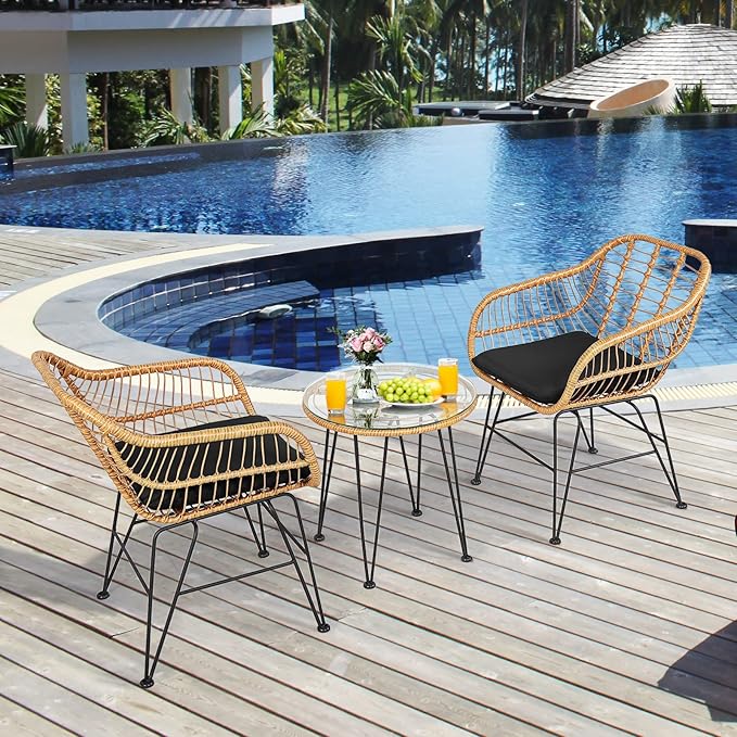 Tangkula 3 Pieces Patio Bistro Set, Rattan Conversation Set
