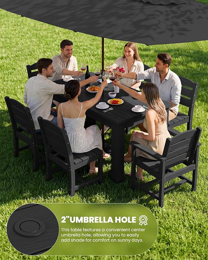 SERWALL HDPE Dining Set for 6: 1 Umbrella Hole Table, 4 Armless + 2 Armchairs.