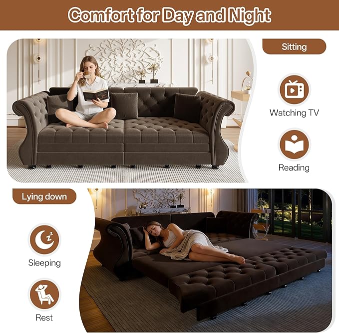 97.6" Oversized Pull Out Sofa Bed, Chesterfield Velvet Sleeper Sofa Couch