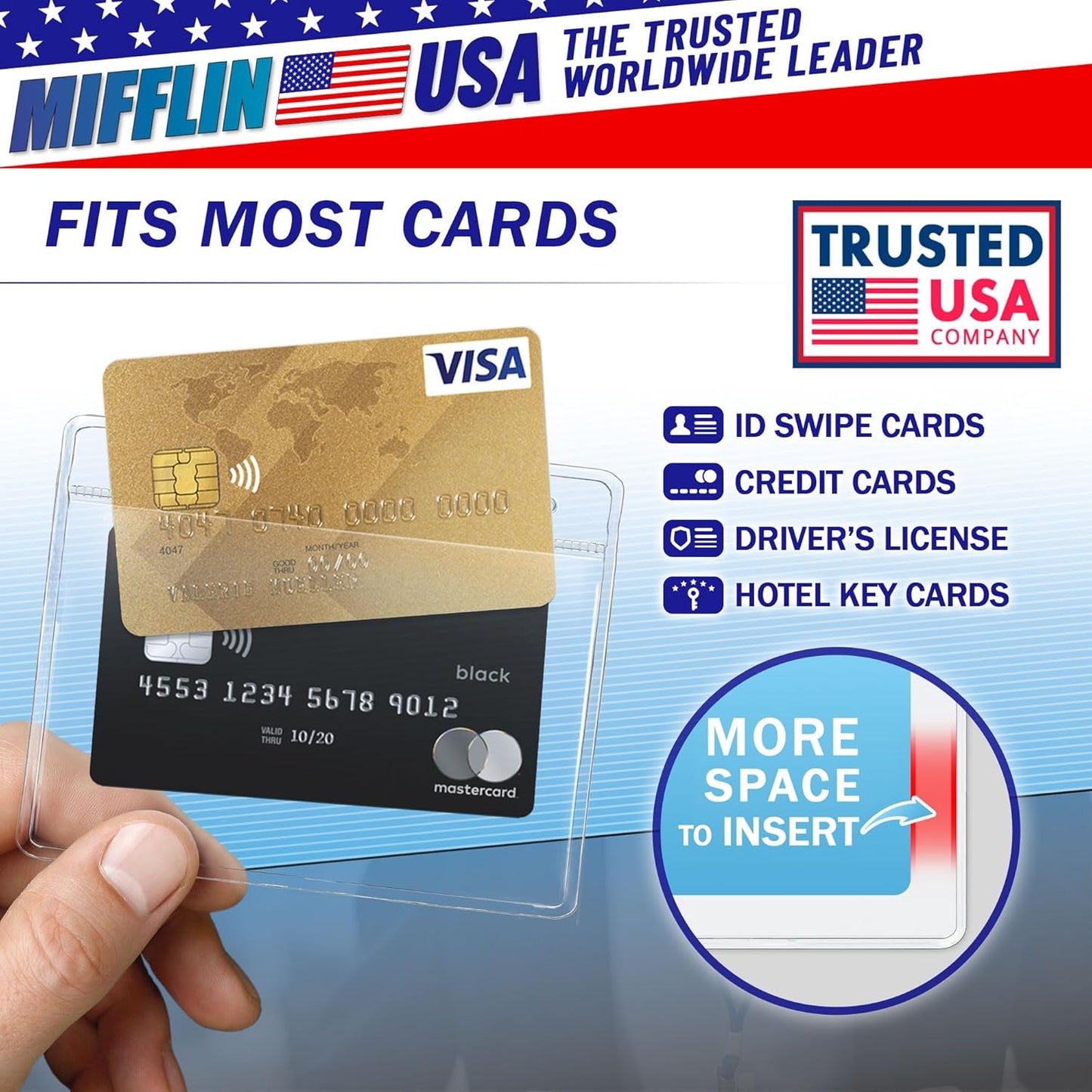 Mifflin-USA Card Protector (4x3 Inch, Clear, Bulk 1000 Pack) Quick Load Horizontal No Zipper Name ID Badge Holder
