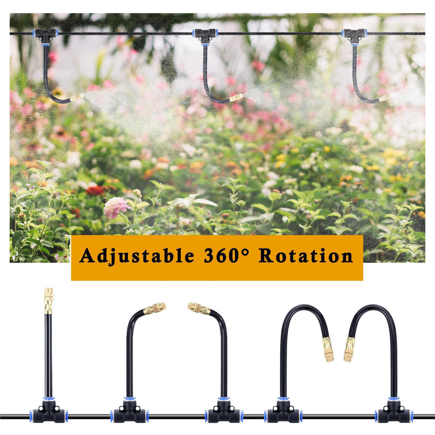 Mornajina Automatic Drip Irrigation Kits Garden Irrigation System, Includes 66FT 5/16 inch Irrigation Tubing Hose & 20Pcs 360° Bending Dropper Atomizing Mist Nozzles Tee for Garden Watering System