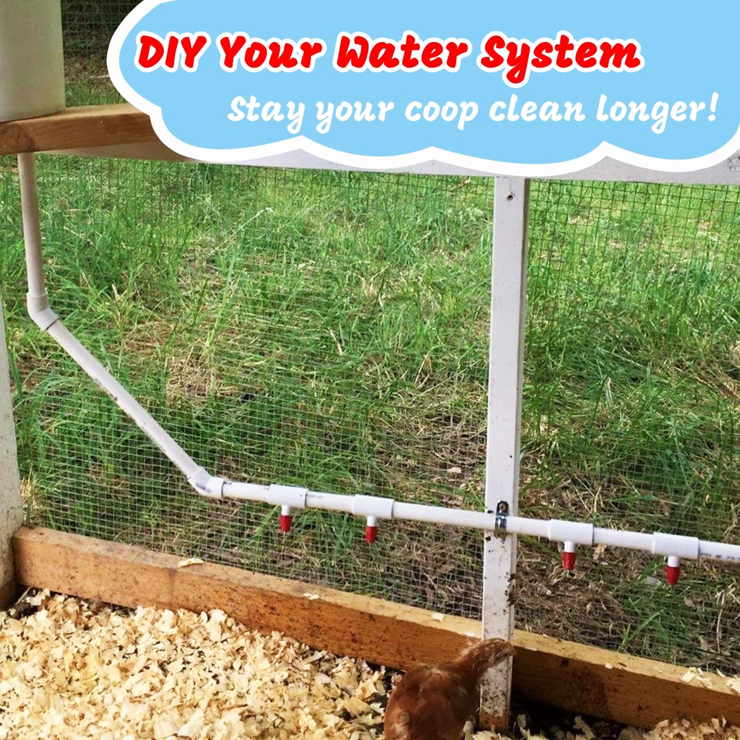 (10 Pack) Chicken Waterer Nipples + PVC Tee Fittings for 1/2" PVC Piping, Horizontal Poultry Nipples & Tees, DIY Chicken Watering System for Geese, Rabbits, Ducks