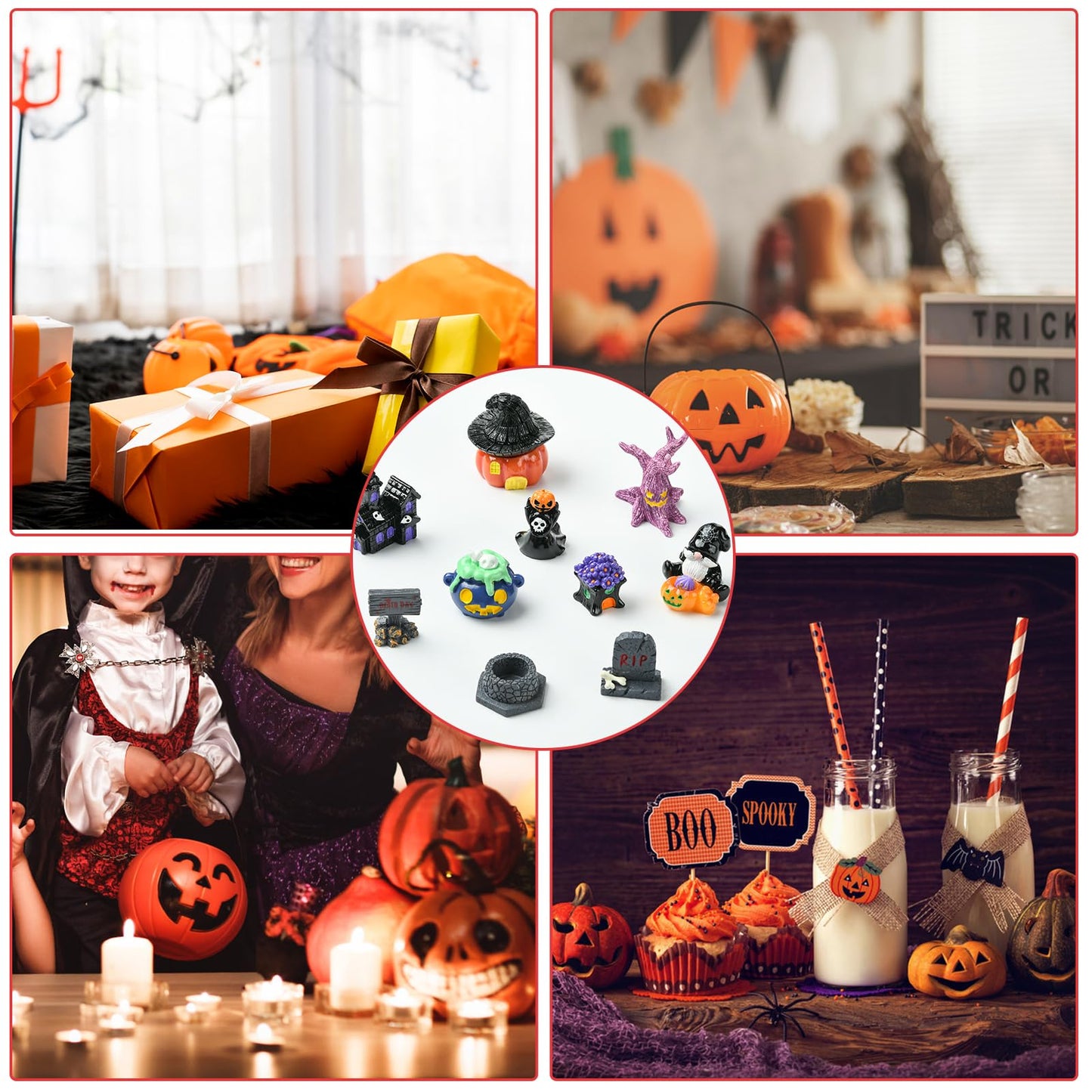 WEWAYSMILE 30Pcs Halloween Miniatures Figurines Mini Resin Pumpkins Skulls Ghost Figurines Tiny Coffin Halloween Village Figurine for Tabletop House Accessories Party Prop Decor