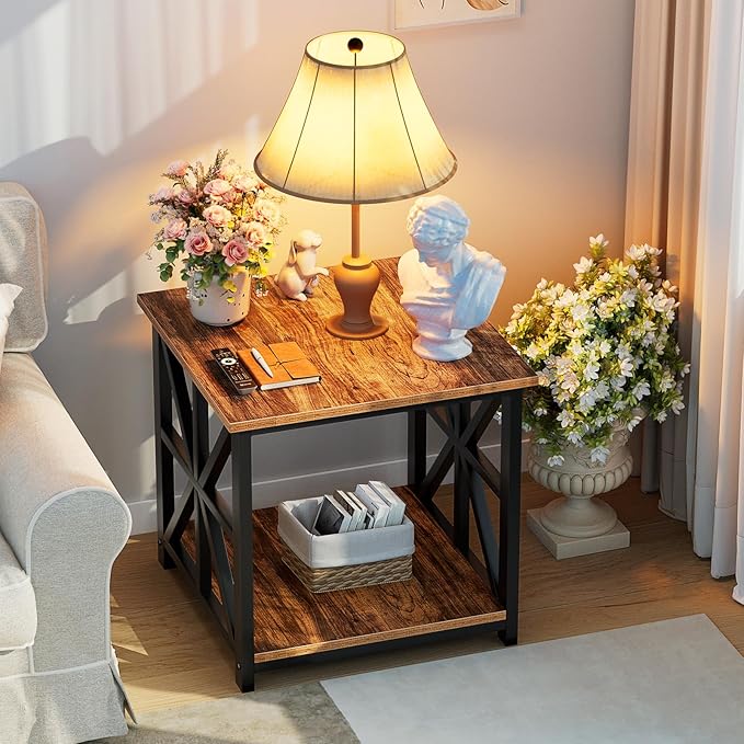GreenForest End Table with 2-Tier Storage Shelf, 24 inch Large Side Table