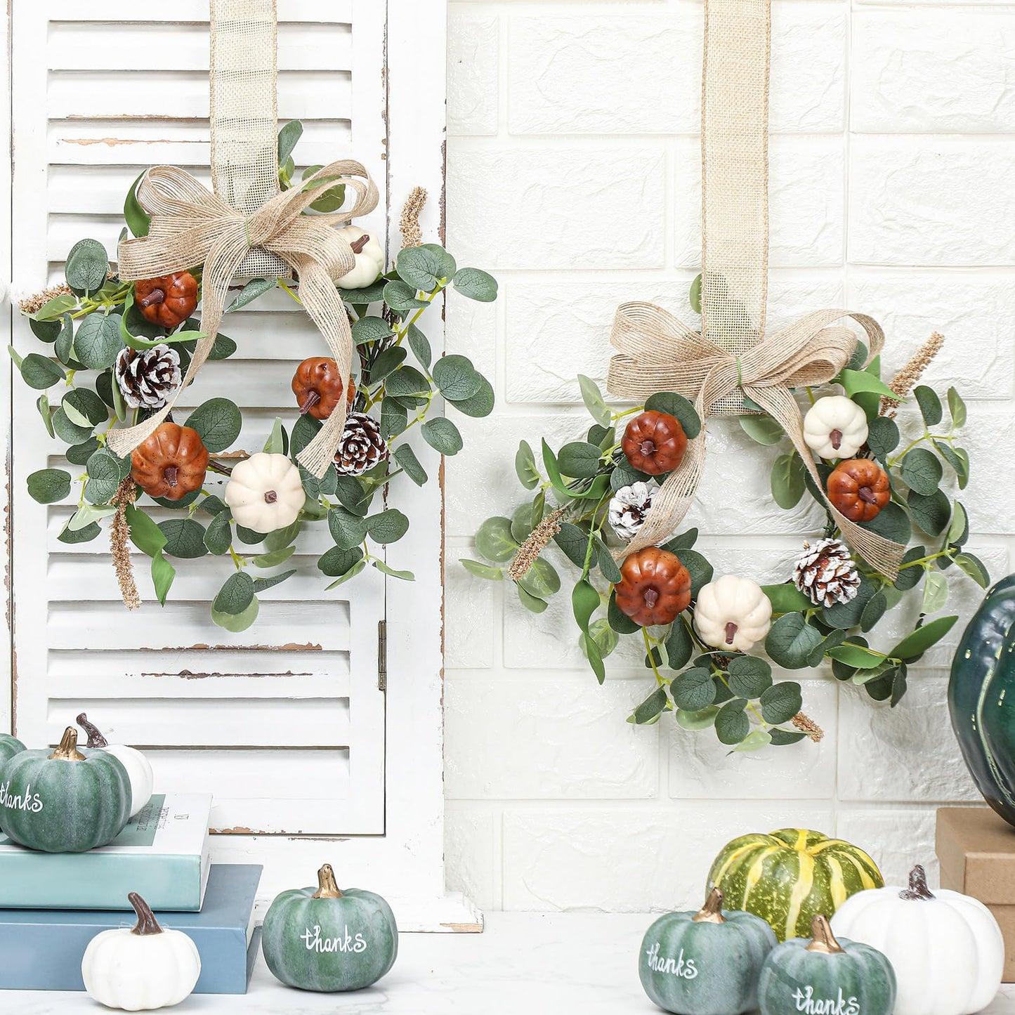 Syhood 2 Pcs 9" Mini Fall Wreath Small Pumpkin Cabinet Wreath Autumn Eucalyptus Decor with Rustic Bow for Fall Harvest Thanksgiving Porch Wall Window Decor(Eucalyptus Pumpkin Style)