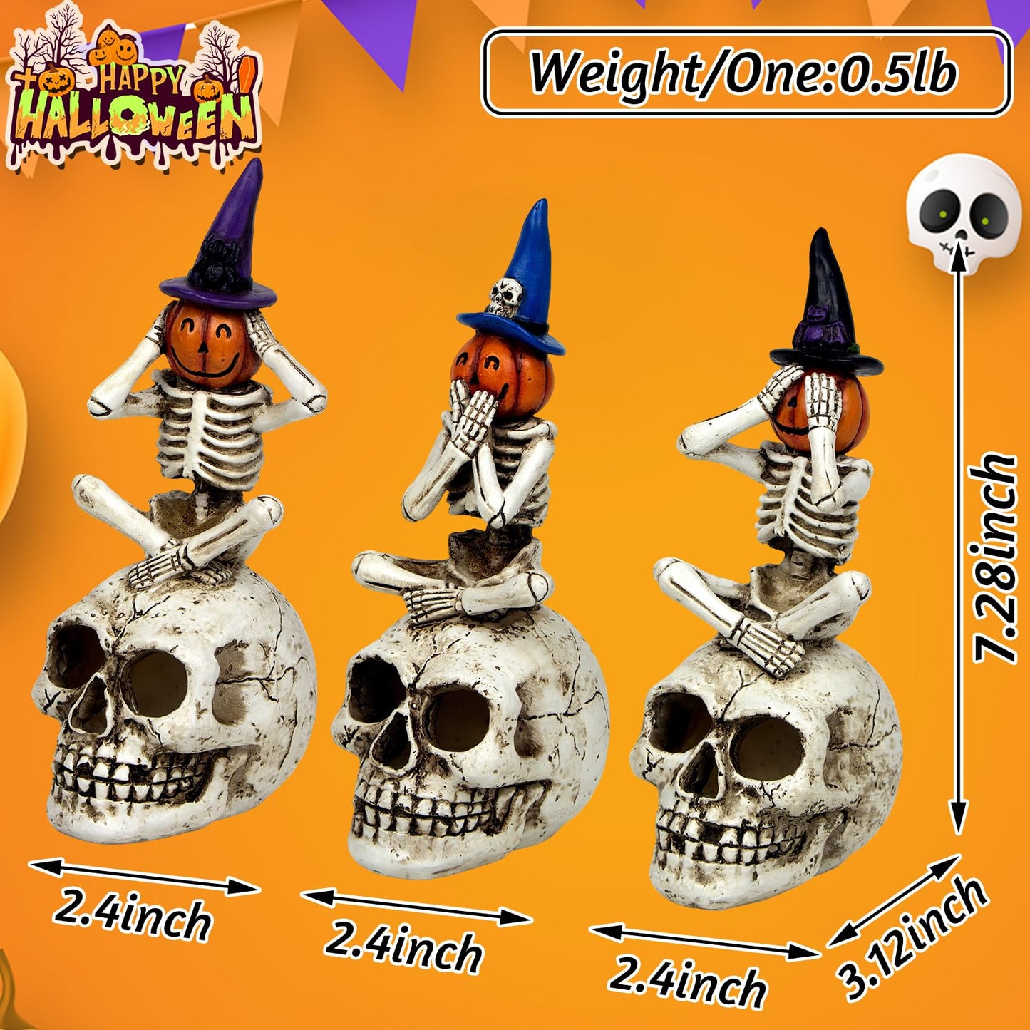 Mrlikale Halloween Skeleton Statue Set of 3, Witch Hat Pumpkin Skeleton Figurines with Skull Base Gothic Decoration for Tabletop, Home, Party