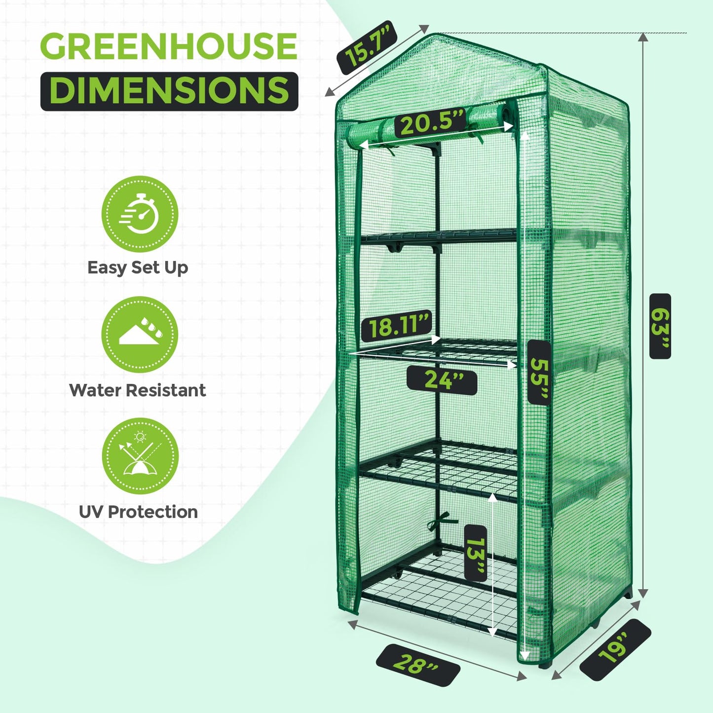 EAGLE PEAK 4-Tier Mini Greenhouse Portable Green House with Shelves & Weather-Resistant PE Cover, Small Greenhouse for Seedlings & Gardening Gifts, 27x19x64 in, Clear/Green