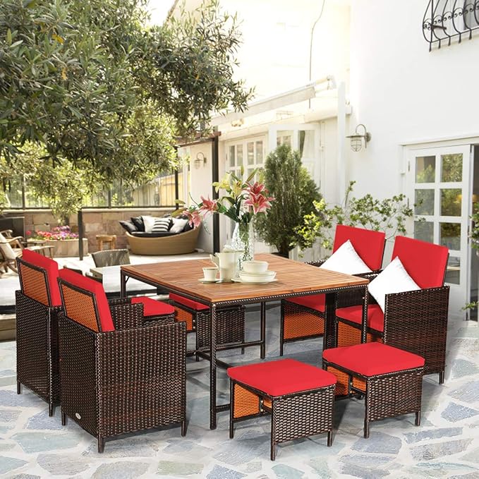 Tangkula 9 Pieces Acacia Wood Patio Dining Set, Space Saving Wicker Chairs and