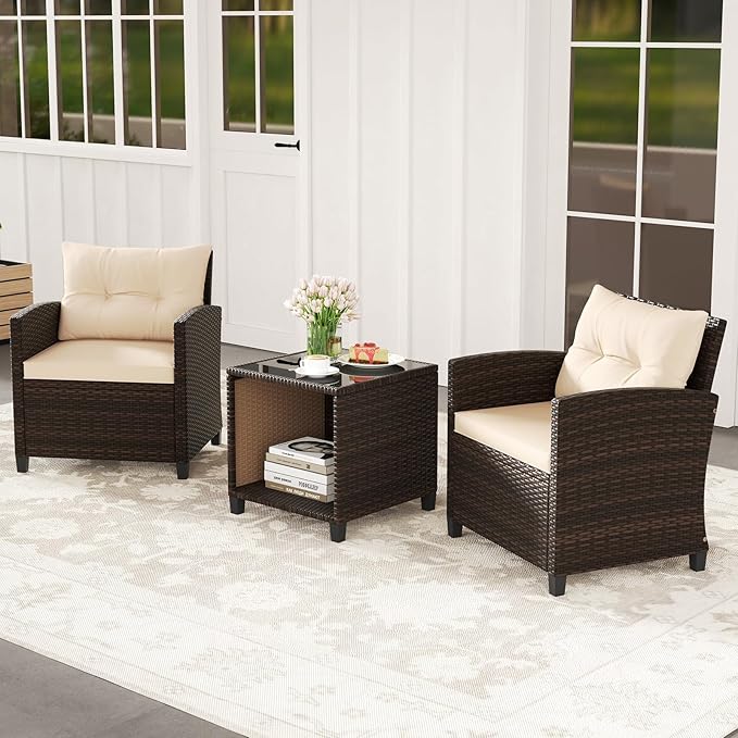 HAPPYGRILL 3 Pieces Patio Conversation Set, Outdoor Rattan Wicker Chairs &