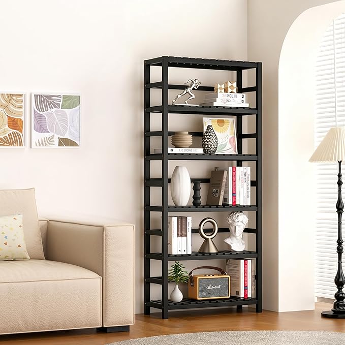 VASMIA 6-Tier Bamboo Shelf, Bamboo Storage Shelving Unit, Tall Bookcase