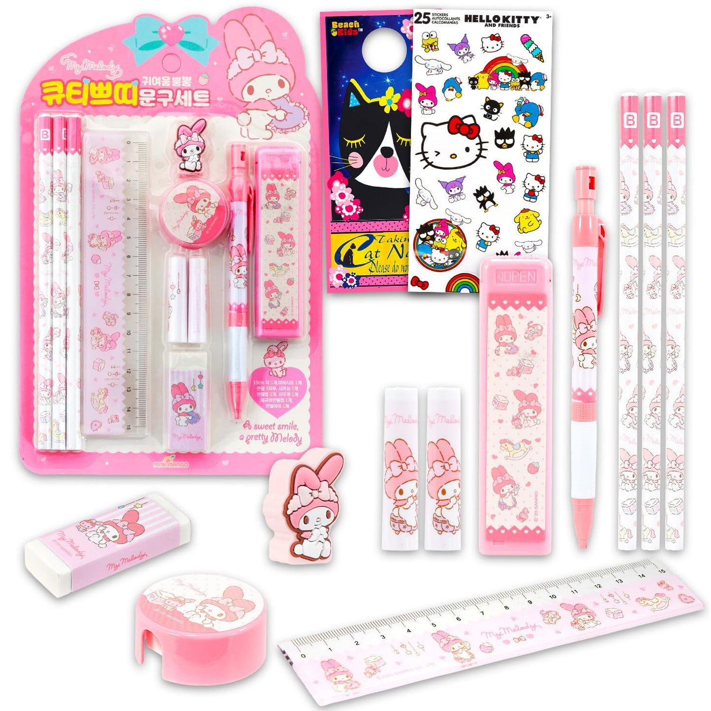 My Melody School Supplies Pack - 11 Pc Bundle of Sanrio Pencils & Topper, Ruler, Eraser, Stickers, More | Hello Kitty & Friends School Supplies