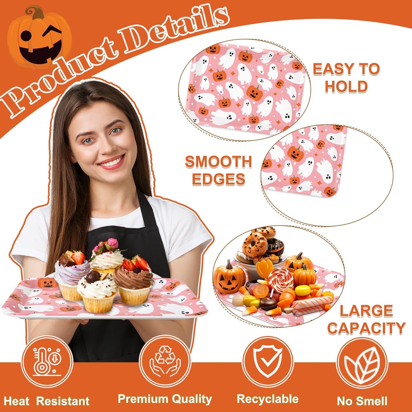Whaline 3 Pcs Halloween Serving Trays Reusable Serving Platters Pink Boo Ghost Pumpkin Food Snack Trays for Birthday Party Baby Shower Supplies, 10 x 13 Inch