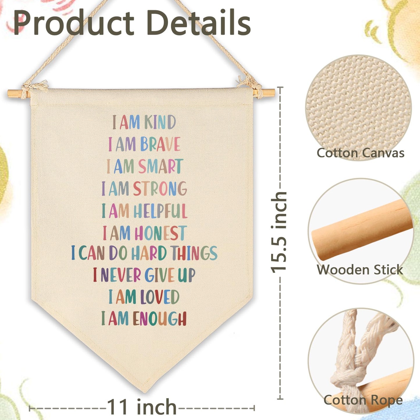 I Am Kind I Am Brave I Am Smart- Kid Affirmation Gift- Canvas Hanging Pennant Flag Banner Wall Sign Decor Gift for Nursery Baby Kids Girl Boy Teen Bedroom Playroom Decor- Christmas Gift
