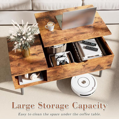 OLIXIS Wood Coffee Table Lift Top Coffee Tables for Living Room Office, Small Rising Wooden Center Tables with Large Storage Shelf and Hidden Compartment, Rust Brown