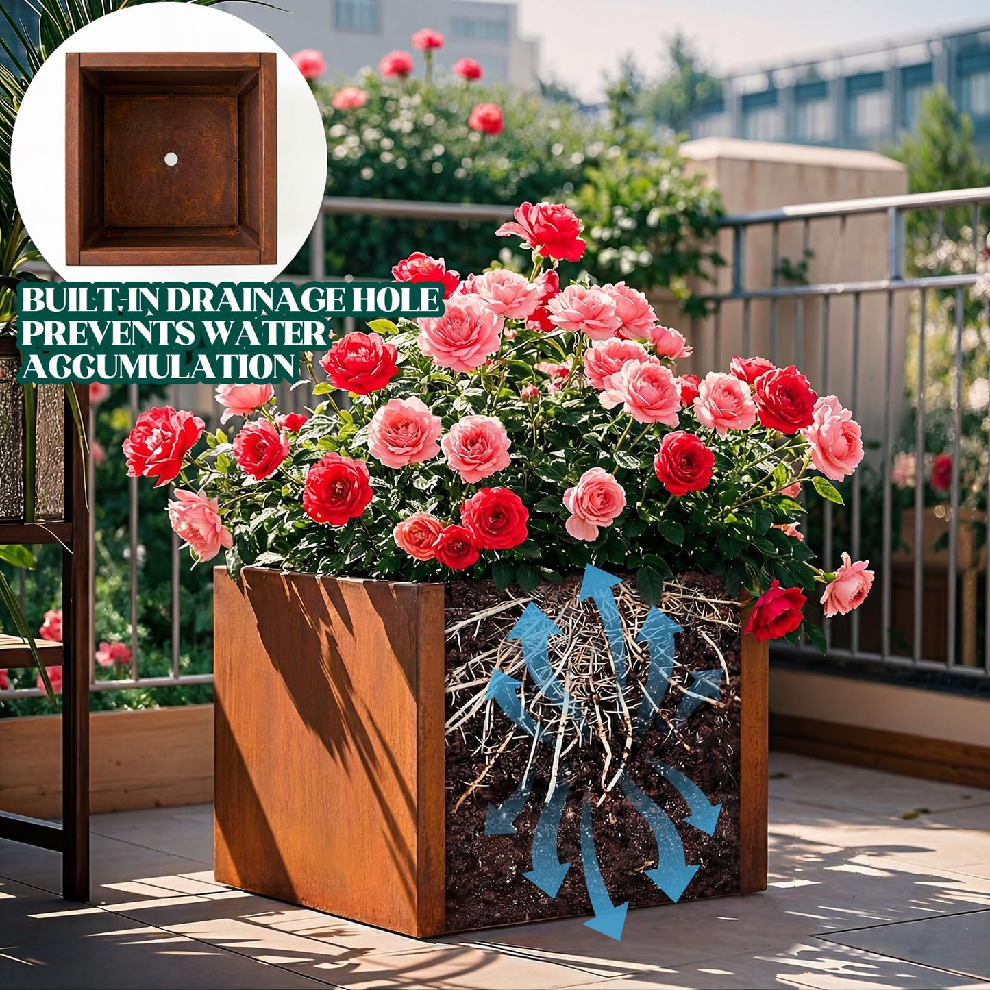 Cycayit Modern Corten Steel Planter 16” Cube, 1.5mm Heavy Duty Rust Finish Square Planter Box with Drainage Hole, Decorative Outdoor Metal Planter for Patio, Balcony, Entryway, Garden Decor