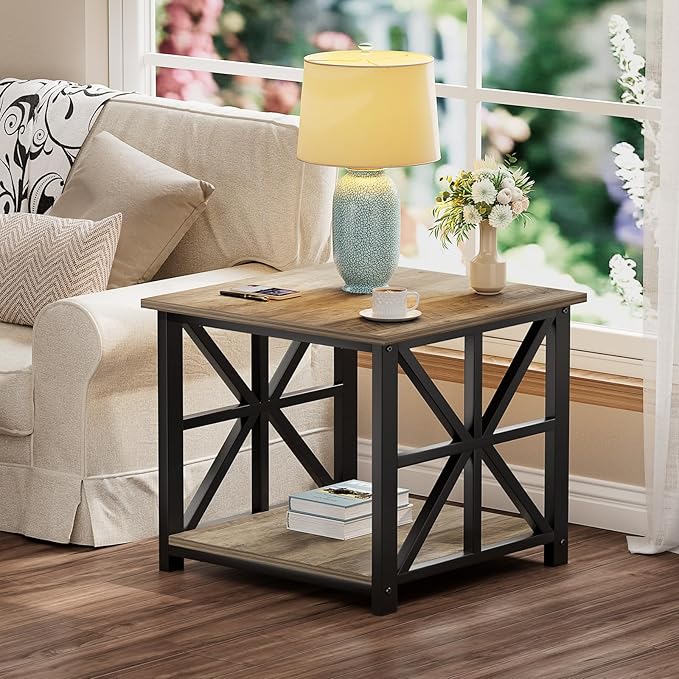 GreenForest End Table with 2-Tier Storage Shelf, 24 inch Large Side Table