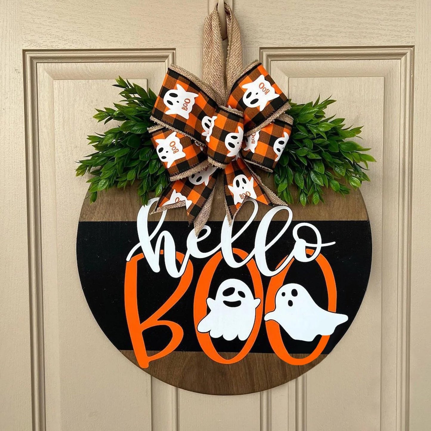 Halloween Ghost Wreath, Wooden Halloween Ghost Door Sign Wreath Decorations for Front Door Hanger