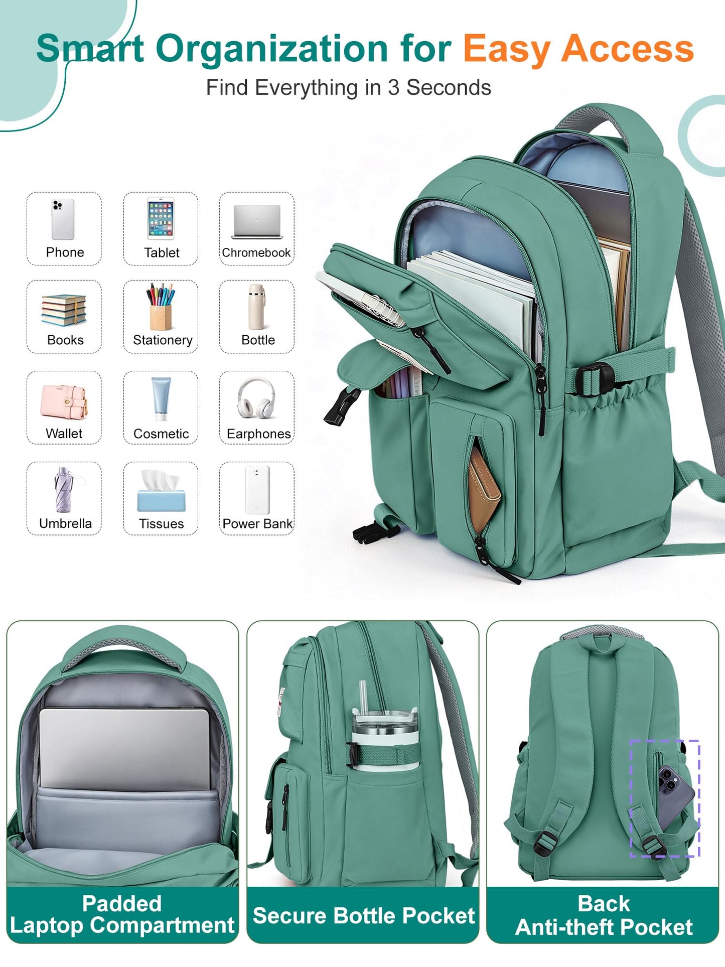 FIORETTO School Backpack for Teen Girls & Women with Compartment, Lightweight School Bag Bookbag with Multiple Pockets, Ideal for Middle High School, College, Travel, Dark Green 25L