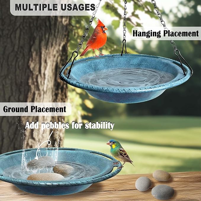 Hanging Bird Bath & Feeder Bowl, 12 in Outdoor Bird Bath with Chains, Durable Weather-Resistant PP, Antique Blue, Backyard Garden Decor
