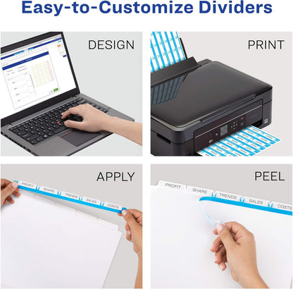 Avery 5 Tab Dividers for 3 Ring Binder, Easy Print & Apply Clear Label Strip, Index Maker Customizable White Tabs, 50 Sets (11556)
